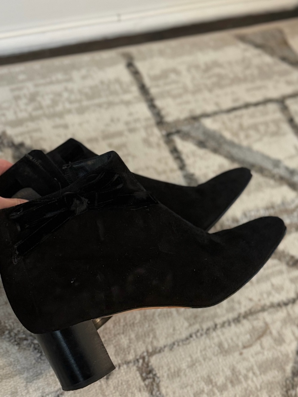 Manolo Blahnik Black Suede Ankle Boots with Block Heel and bow tie